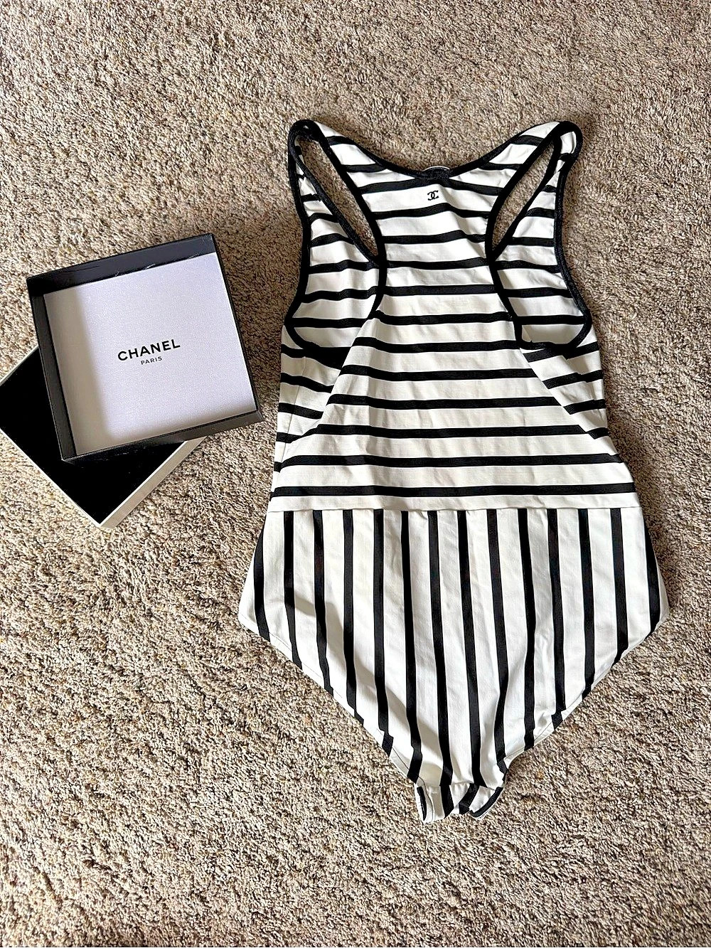Chanel Striped One-Piece Swimsuit in Black & White Like New